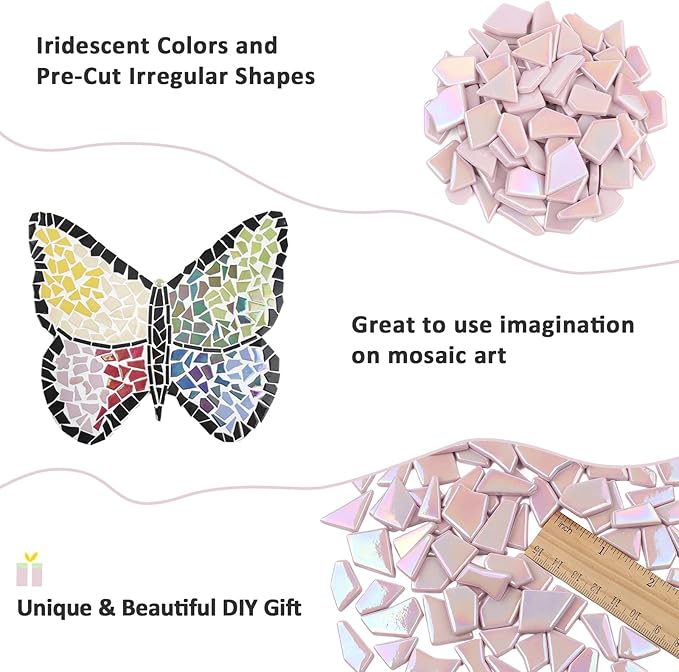 Youway Style Iridescent Glass Mosaic Tiles for Crafts Bulk,200g Pink Broken Mosaic Glass Pieces for Garden Crafts Kits,DIY Mosaic Art Decor