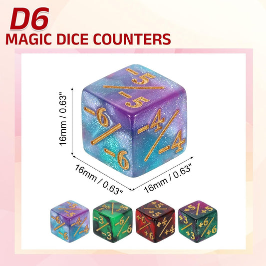 uxcell 24Pcs Magic Dice Counters, Acrylic D6 Life Token Dice Set with Pouch for Standard Cards Gaming Accessories, Red & Black, Green & Black, Green & Purple, Blue & Purple