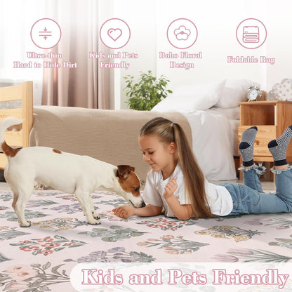 Wonnitar Pink Rugs for Bedroom Girls Nursery, Washable 5x7 Floral Rug, Boho Ultra-Thin Non Slip Soft Indoor Decor Carpet for Kids Room Playroom Living Room Dorm, Pale Pink