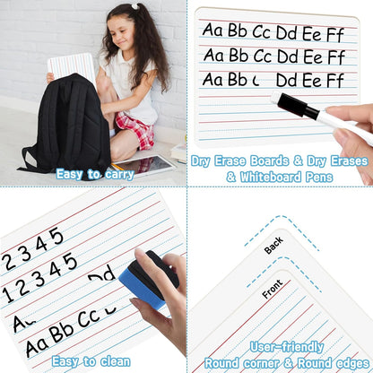 6pack Dry Erase Board 9"x12" with Lines and Blank Surface Learning,Math,Writing - Student,Teacher & Homeschool Supplies Mini Whiteboard Erasers Included Colors pens