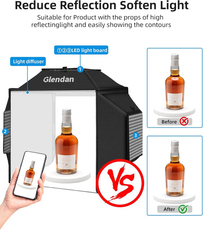 Glendan Portable Light Box Photography: 16"x16" Professional Dimmable Photo Box with High CRI 480 LED Lights - Soft Box with 4 Photo Backdrops for Jewelry and Product Photography
