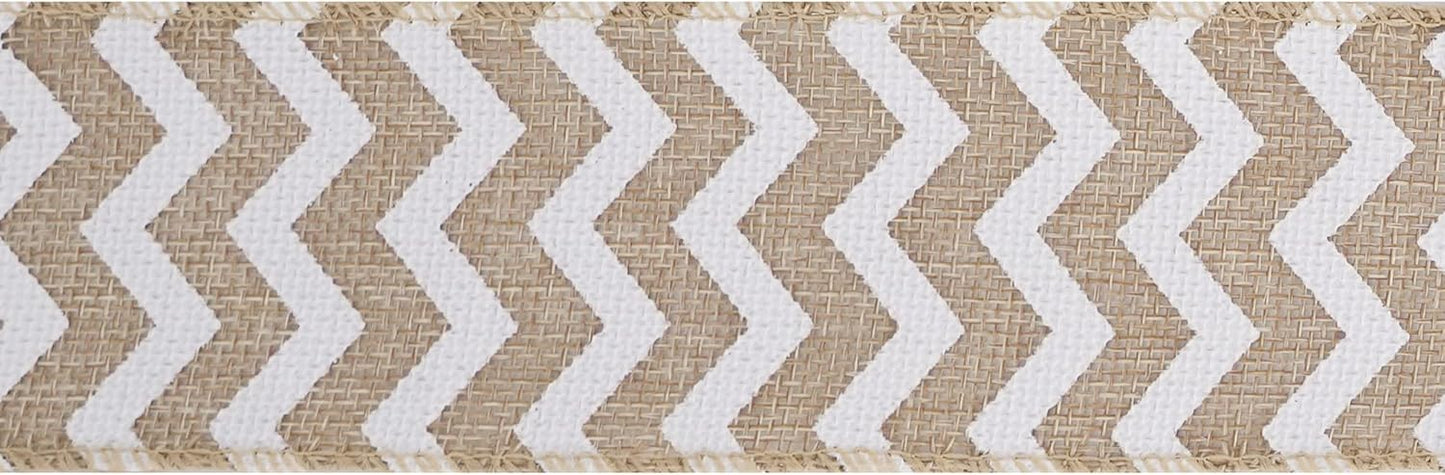 MEEDEE Burlap Ribbon with White Chevron Pattern - 2.5 Inch Wired Ribbon for Cakes, Wreaths, Rustic Decor, Baby Showers, Beach Parties, Farmhouse Gifts - 10 Yards - Crafty Corner