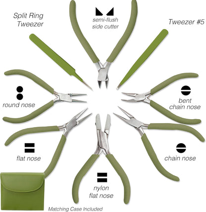 The Beadsmith Fashion Color Pliers – Set of 8 Slimline Color-Coordinated Tools – Matching Clutch in Olive – Jewelry Making Supply Kit to Create Necklaces, Bracelets, Earrings & More - Crafty Corner
