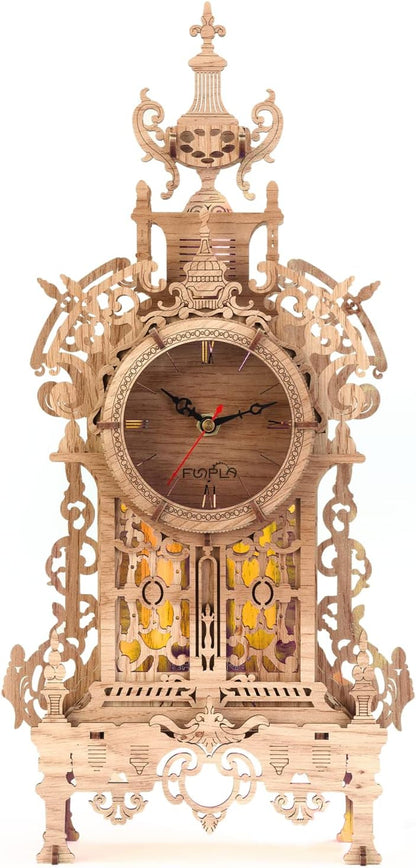 3D Wood Puzzle LED Tower Clock, 3D Puzzle Building Desktop Clock Model DIY Architectural Building Blocks (LED-TC01 Wood)