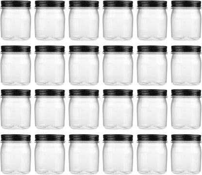 novelinks 8 oz Clear Plastic Jars with Screw-On Lids - BPA-Free Refillable Storage Containers for Slime, Spices, Crafts, Kitchen & Home Organization (24 Pack,Black)