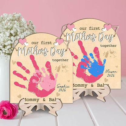 DIY Custom Our First Mother's Day Together Mommy & Baby Handprint Signs, Baby First Mothers Day Gifts for Babies, Toddler And Mom Mother's Day Crafts Plaque, Memory Keepsake Baby Milestone Photo Props