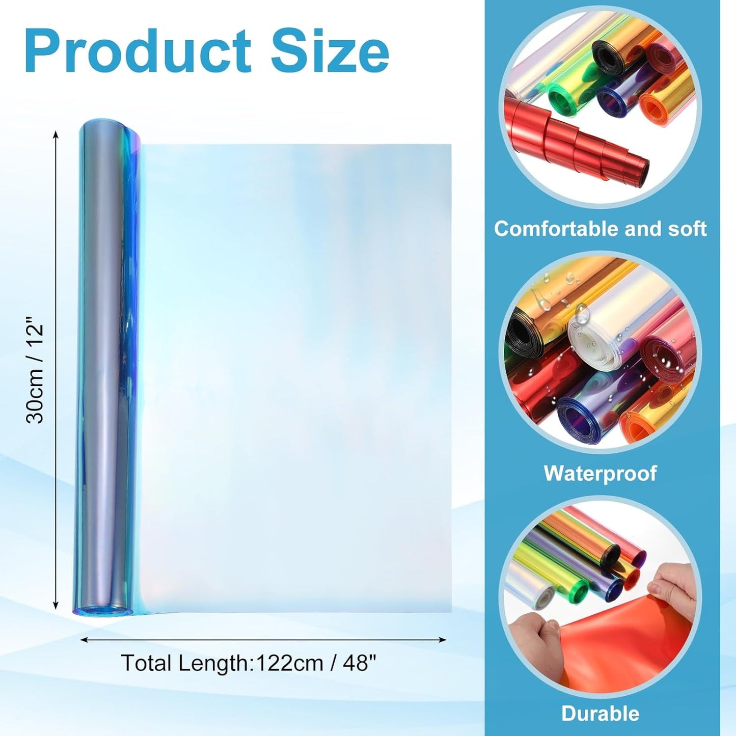 MECCANIXITY Holographic Clear PVC Vinyl Film Holographic PVC Fabric Waterproof Dichroic Film 12 x 48 Inch for Handbags Bows Earrings DIY Craft,Laser Cyan