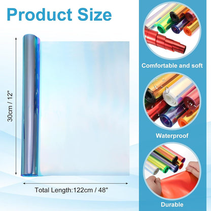 MECCANIXITY Holographic Clear PVC Vinyl Film Holographic PVC Fabric Waterproof Dichroic Film 12 x 48 Inch for Handbags Bows Earrings DIY Craft,Laser Cyan