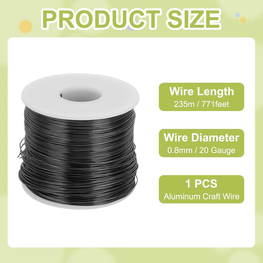 MECCANIXITY 20 Gauge Anodized Aluminum Craft Wire Bendable Bonsai Training Wire 771 Feet 0.8mm for Sculpting Crafts Wreath Floral Beading Jewelry Making, Black