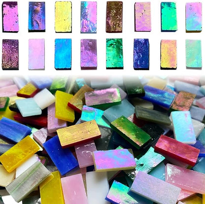 Rectangle Iridescent Glass Mosaic Tiles, 320 Pieces Colorful Stained Glass Supplies for Crafts, Rainbow Mosaic Glass Pieces for Adults