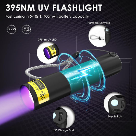 UV Resin Kit with Light, 50g UV Resin with Rechargeable 395NM UV Flashlight, Fast Curing in Seconds, UV Glue Adhesive for Bonding Jewelry, Plastic, Glass Repair, w/Mat, Gloves, Storage Bag