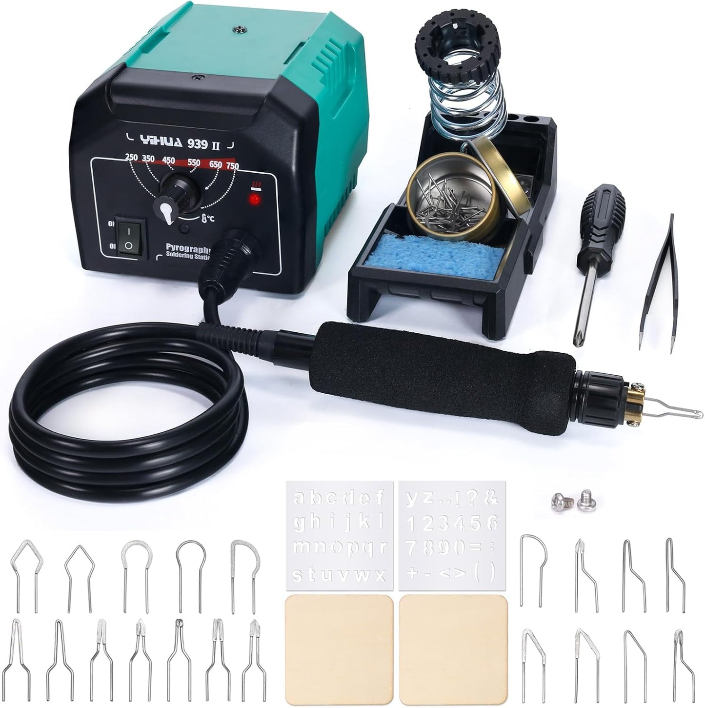 YIHUA 939-II Wood Burning Kit Station Pyrography pen 250~750℃/482~1382℉ Temperature Adjustable with 20 Wire Nibs, 1 stable pen holder, 2 stencils, 2 scrap wood, 1 S/S Tweezers, and 1 pliers (Green) - Crafty Corner