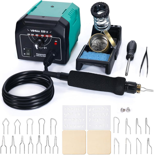 YIHUA 939-II Wood Burning Kit Station Pyrography pen 250~750℃/482~1382℉ Temperature Adjustable with 20 Wire Nibs, 1 stable pen holder, 2 stencils, 2 scrap wood, 1 S/S Tweezers, and 1 pliers (Green) - Crafty Corner