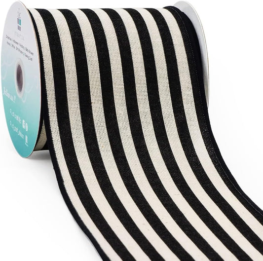 CT CRAFT LLC Striped Canvas Cotton Ribbon 4" x 10 Yards Ivory/Black Stripes for Thanksgiving Christmas Home Décor Gift Wrapping Outdoor Tree Topper Bow Wreath - Crafty Corner