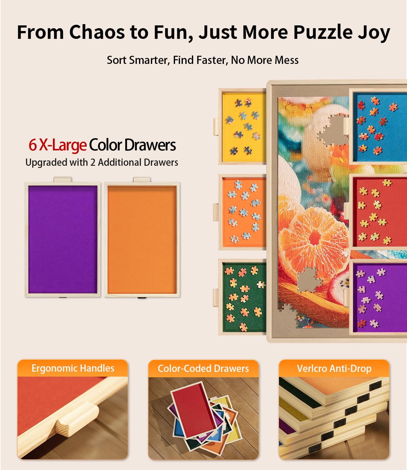 Join&Joy 2000 Piece Puzzle Board Pro, with 6 Drawers & Cover, 40" x 29", Sort-Wise Colorful Felt Drawers, Wooden Jigsaw Puzzle Board, Birthday Gifts for Mom