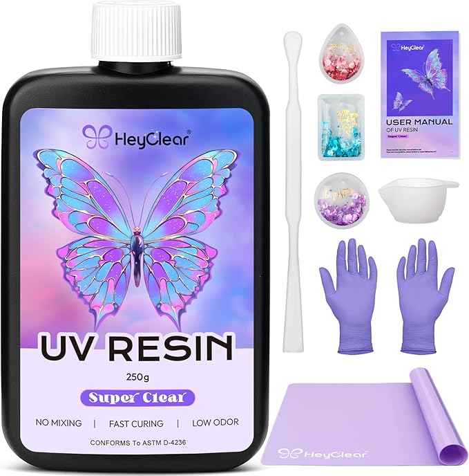 HeyClear 250g UV Resin kit -Crystal Clear, Hard UV Epoxy Resina para Manualidades Fast Curing Glue uv with Silicone Molds, Mat for Beginners Jewelry Making, DIY Crafts Art, Casting Coating