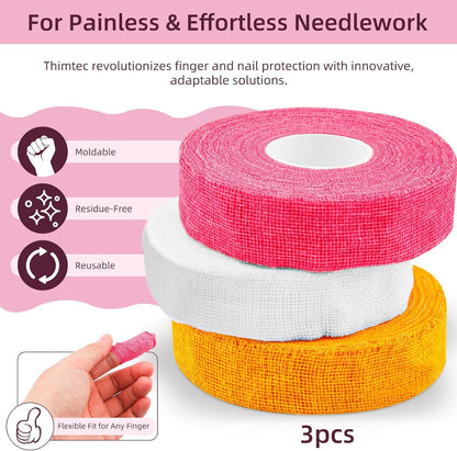 3Rolls Thimble Tape for Hand Sewing Multi-Used Sew Thimbles Nail Finger Protector - Alternative to Classic Knitting Thimbles Adjustable Cotton Tapes for Embroidery Paperwork Carving Sorting Task