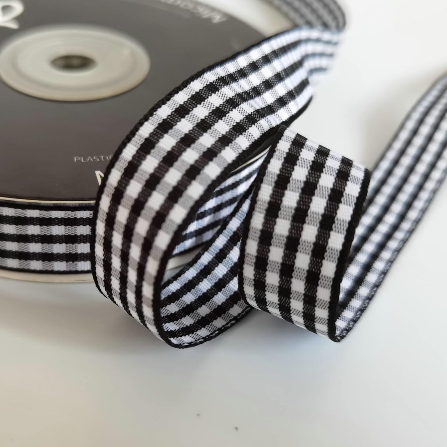 Black and White Wovon Edge Gingham Ribbon 25 Yard Each Roll 100% Polyester (5/8", Black) - Crafty Corner