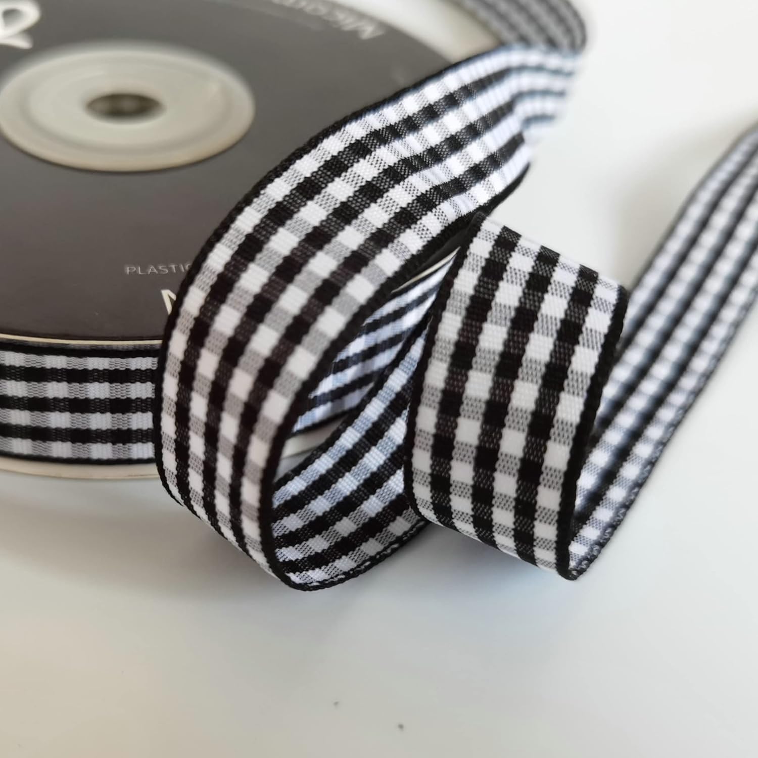 Black and White Wovon Edge Gingham Ribbon 25 Yard Each Roll 100% Polyester (5/8", Black) - Crafty Corner