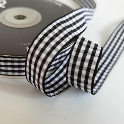Black and White Wovon Edge Gingham Ribbon 25 Yard Each Roll 100% Polyester (5/8", Black) - Crafty Corner