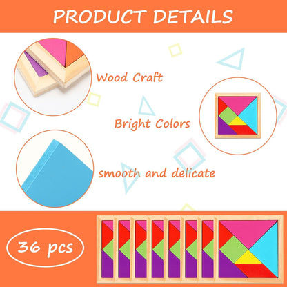 Shappy 36 Pieces Wooden Tangram Puzzles for Kids Educational Shape Puzzle Toys Geometric Pattern Brain Logic Puzzle Blocks for Students Educational Activities Back to School Gifts(Classic Style)