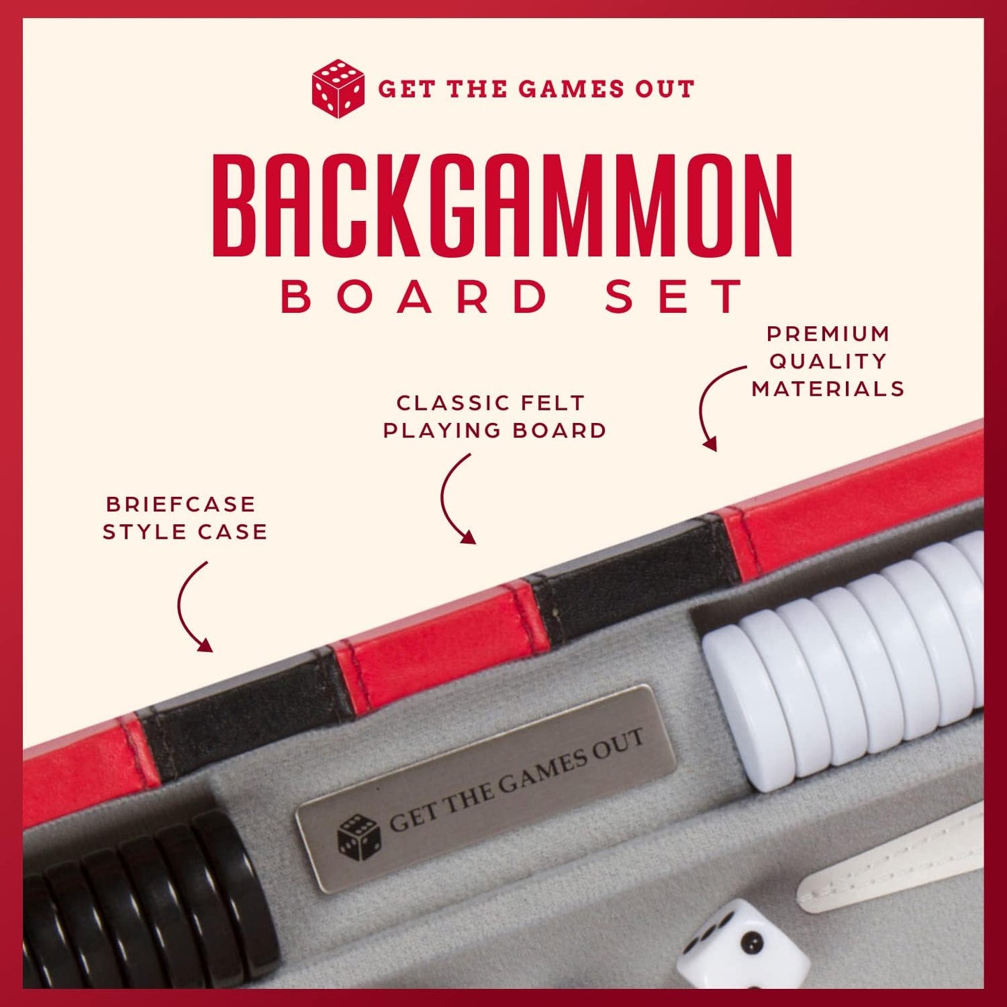 Get The Games Out Top Backgammon Set - Classic Board Game Case - Best Strategy & Tip Guide - Available in Small, Medium and Large Sizes (Red, Large)