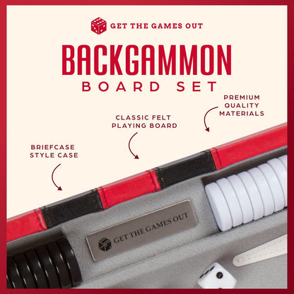 Get The Games Out Top Backgammon Set - Classic Board Game Case - Best Strategy & Tip Guide - Available in Small, Medium and Large Sizes (Red, Large)