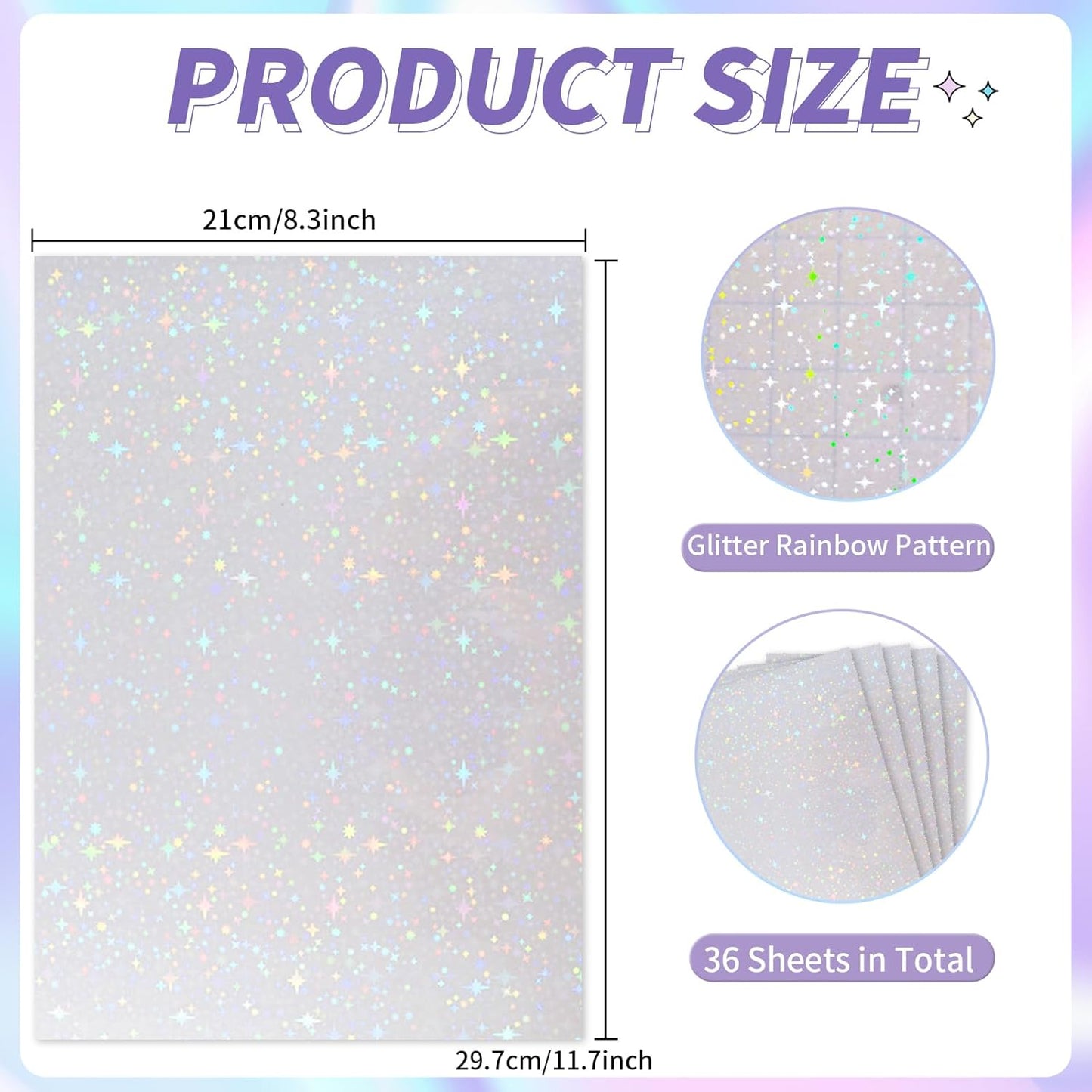 36 Sheets Holographic Sticker Paper,Holographic Laminate Sheets,A4 Size Clear Vinyl Sticker Sheets Self-Adhesive Rainbow Overlay Sheets,11.7 x 8.3 Inches（Star）