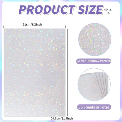 36 Sheets Holographic Sticker Paper,Holographic Laminate Sheets,A4 Size Clear Vinyl Sticker Sheets Self-Adhesive Rainbow Overlay Sheets,11.7 x 8.3 Inches（Star）
