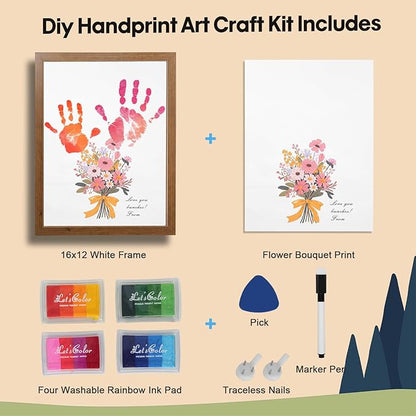 Bixinyo Flower Bouquet Handprint Kit, Mother's Day for Grandma, Mom, Grandparents from Daughter/Kids, Unique Gifts for Birthday Christmas, DIY Art Craft 12" X 16" Frame (Bow, Teak)