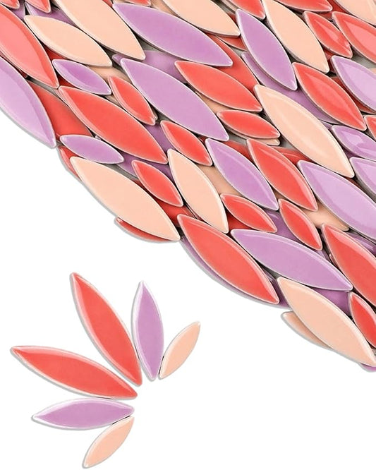 200g Ceramic Petals Bulk Mosaic Tiles for Craft, Small Oval Stepping Stone Kit, Glazed Porcelain Pieces for Coaster Tray House Number Mirror Lamp Home Decorations (Lilack,Pink,Orange)