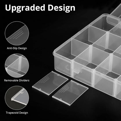 18 Grids Plastic Organizer Box with Dividers, Clear Compartment Container Storage for Beads Crafts Jewelry Fishing Tackles, Size 7.9 x 6.2 x 1.2 in