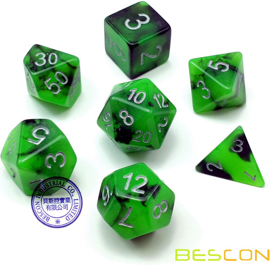 Bescon Two-Tone Glow-in-The-Dark Polyhedral Dice Set Spooky Rocks, Luminous RPG Dice Set d4 d6 d8 d10 d12 d20 d% Brick Box Pack