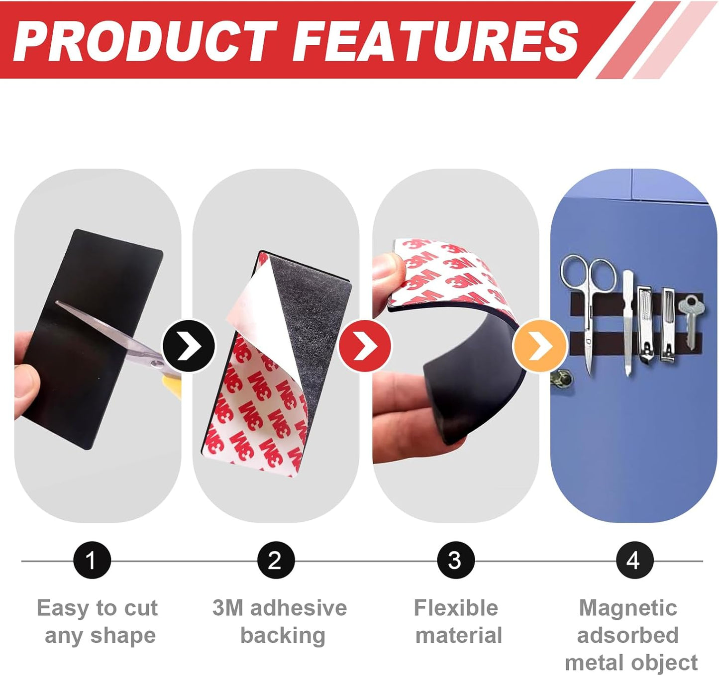 Thaibear Magnetic Strip, Flexible Magnetic Strips with Adhesive Backing (42 Pack, 3" x 1") Strong Adhesive Magnetic Tape for DIY, Crafts, Fridge - Sticky Magnet Tape Strip for Wall