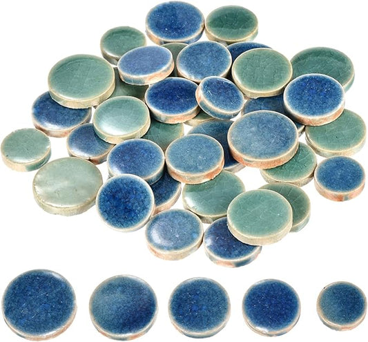 MECCANIXITY 200g Ceramic Mosaic Tiles for Crafts Bulk, Round Ice Crack Blue Green Ceramic Tiles for Mosaic Kits Garden Stepping Stone Cup Mat