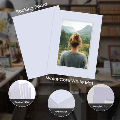 Falling in Art 5 Pack Acid Free 12x16'' White Picture Mats Board Show Kit for 8x12'' Photos, 4-Ply Beveled Pre-Cut Photo Mats with Backing Board for Frames, Artwork and Prints