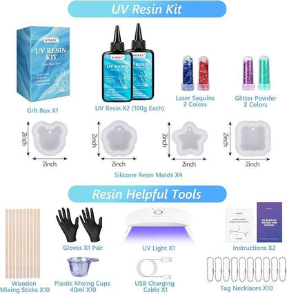 KISREL UV Resin Jewelry Making Kit, 200g Crystal Clear Resin with Light and Molds, DIY Jewelry Making Kit, Resina Starter Kit for Keychain and Earring