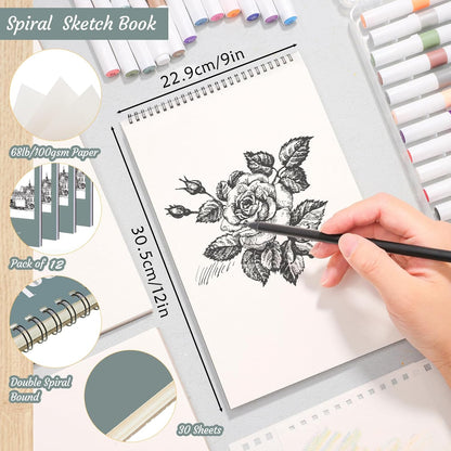 12 Pack Sketch Book, 9 x 12 Inch Sketchbook, 68lb/100gsm Top Spiral Bound Sketch Pad, Acid Free Art Supplies Drawing Painting Sketching Paper for Kids, Adults, Beginners, Artists (30 Sheets Each) - Crafty Corner