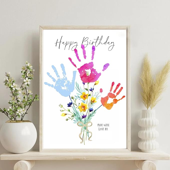 Physkoa Handprint Birthday Art Kit for Mom & Grandma – DIY Floral Keepsake Craft with Frame – Happy Birthday Gift from Kids, Daughter, Son – Handprint Painting Activity (Art Deco-B)