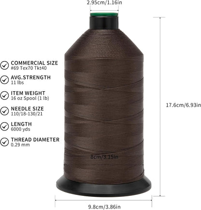 Extra Strong Bonded Nylon Thread #69 Tex70 – 16 OZ, 6000yds, Versatile Stitching Solution for Leather, Upholstery, Canvas Repair and More (Coffee)