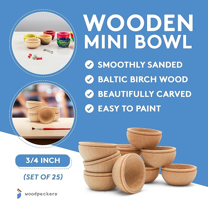 Woodpeckers Unfinished Wood Mini Bowl, 3/4 inch, Perfect for Scale Models, Dollhouse Dishes, Wood Craft Projects, and Sorting Activity, Pack of 50