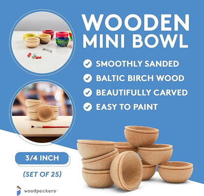 Woodpeckers Unfinished Wood Mini Bowl, 3/4 inch, Perfect for Scale Models, Dollhouse Dishes, Wood Craft Projects, and Sorting Activity, Pack of 50