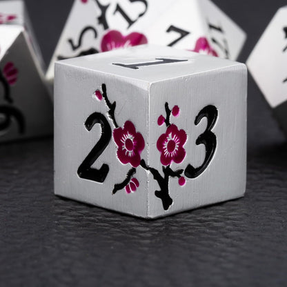 DND Metal Dice Set,7pcs Set Flower Metallic Dice Set with Box,RPG Polyhedral Dice for Table Game (Silver-Purple)