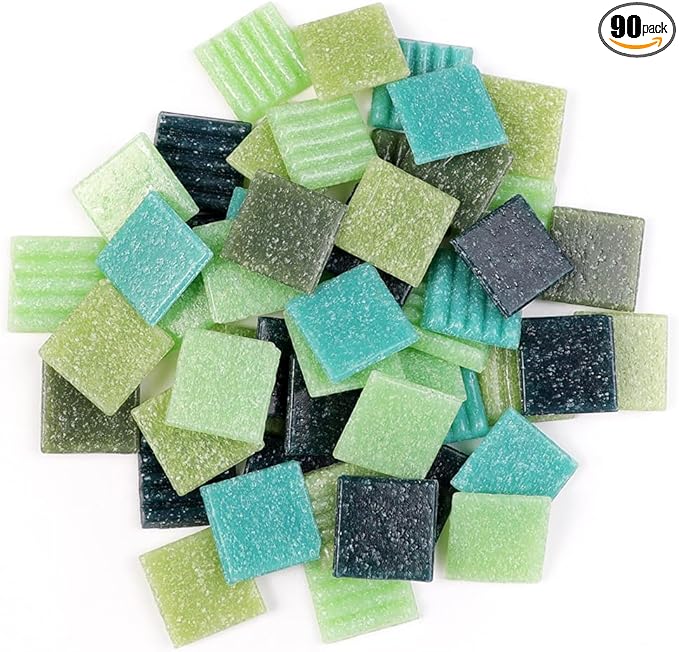 2cm (3/4") Square Vitreous Glass Mosaic Tiles for Crafts Bulk, 1 LB Colorful Mix Quartz Glass Tiles for DIY Art Crafts Kit Adult Kids and Home Deco (Green Mix)