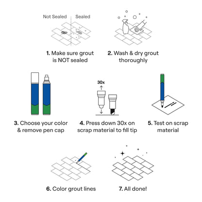Grout Pen White Tile Grout Paint Marker: Waterproof Tile Grout Colorant and Sealer Pens for Cleaner Looking Floors & Whitener Without Bleach - Narrow 5mm, 2 Pack with Extra Tips (7mL) - White
