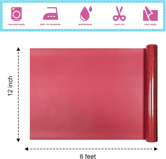 Red Glitter Heat Transfer Vinyl 12Inch*6FT Glitter Iron on Vinyl for T Shirts Easy to Cut and Weed Compatible with All Cutter Machines HTV Iron on Vinyl for Cricut(Red 12Inch*6FT)
