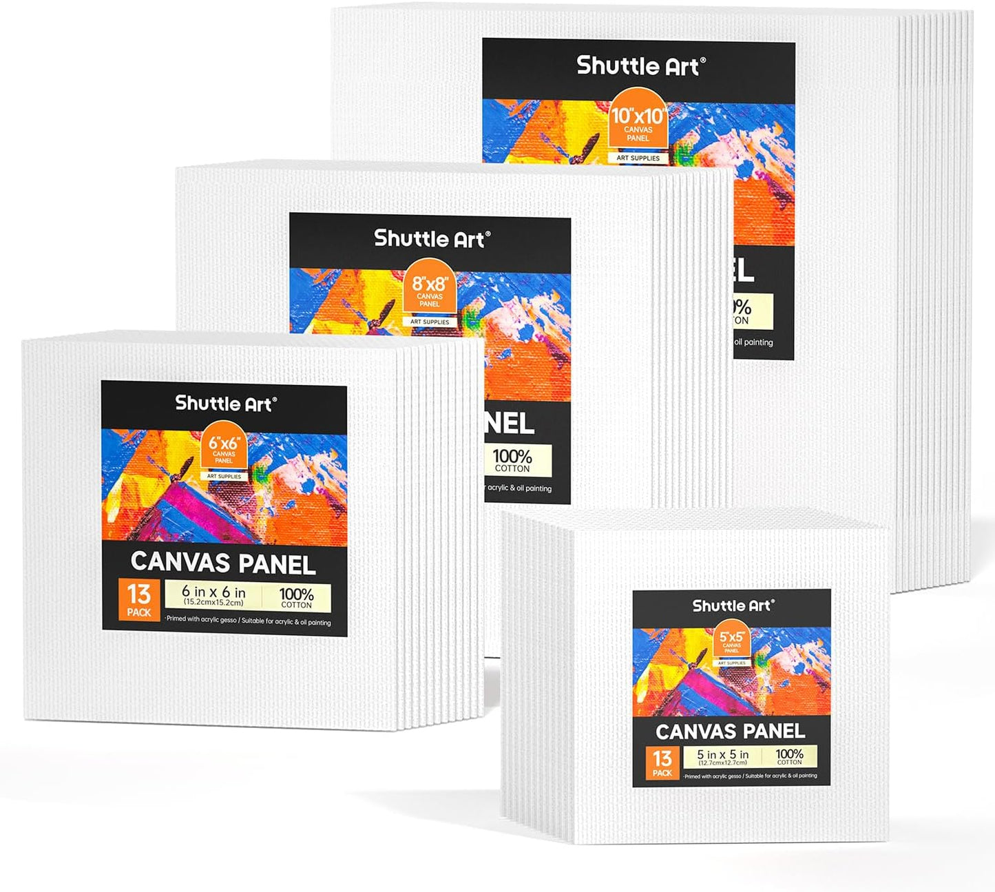 Shuttle Art Painting Canvas Panel, 52 Multi Pack, 5x5, 6x6, 8x8, 10x10 inch (13 PCS of Each), 100% Cotton Art Canvas Board Primed White, Blank Canvas for Kids Adults for Acrylic Oil Painting