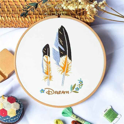 Act Iron Embroidery Starter Kit Stamped with Pattern Feather Dream with Base and Hoops Cloth Color Threads DIY Cross Stitch Needlework Home Decor Crafts for Adults