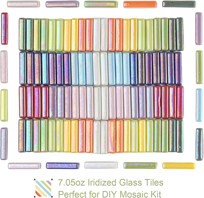 Youway Style Iridescent Mosaic Tiles for Crafts,200g Assorted Colors Glass Mosaic Pieces Bulk, Linear Shapes for DIY Art Crafts Supplies and Mosaic Projects