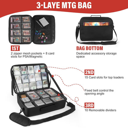 Xykzra MTG Bag Card Storage Box for 2000+ Cards,3-Layer Card Deck Box with Dividers and Shoulder Straps,Trading Card Case Fits for MTG/TCG/Magic/Sports Cards - Black